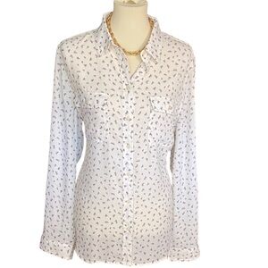NWOT Ann Taylor LOFT Semi Sheer White Blouse with Black Print